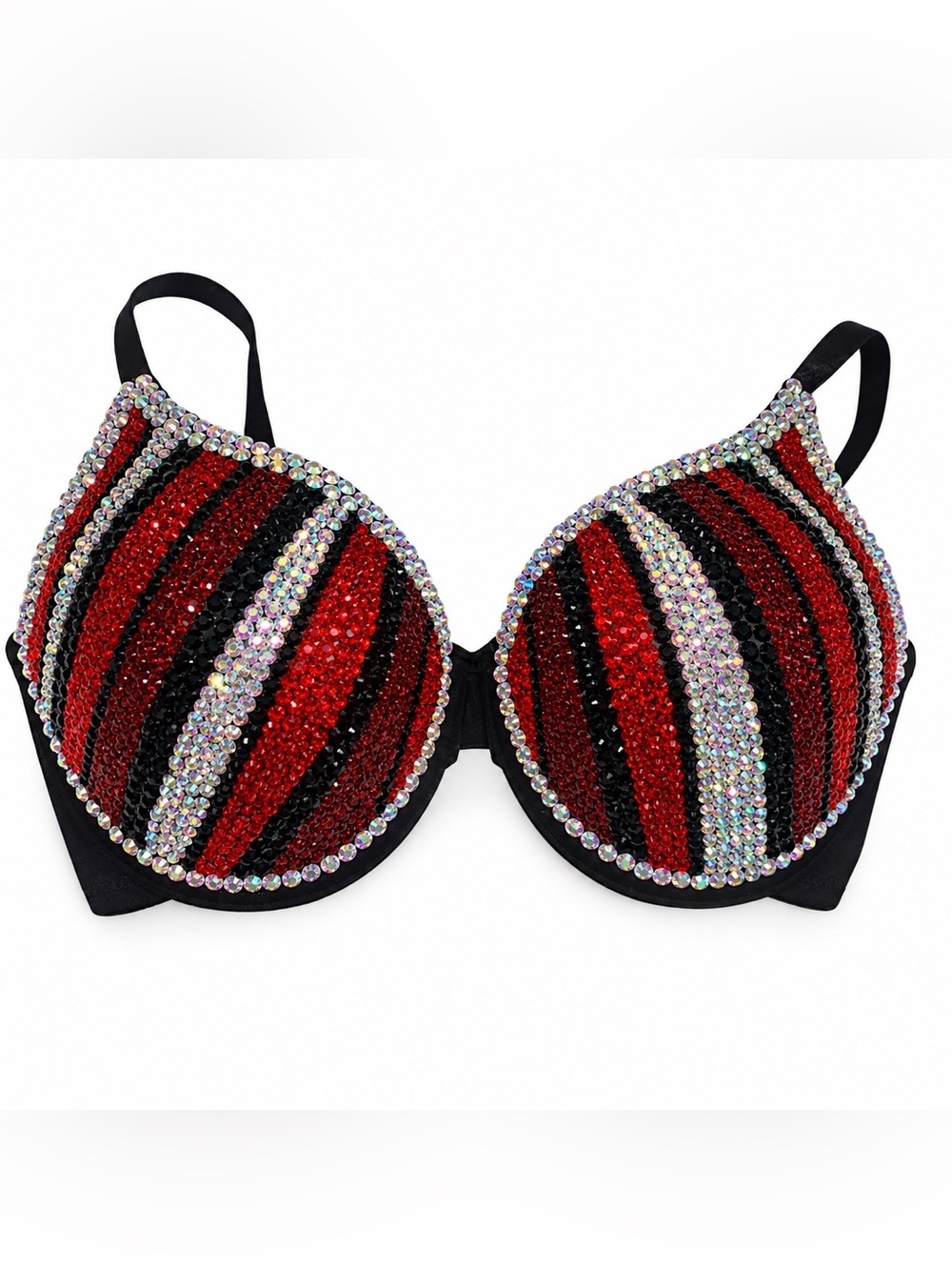 38DD Siam Red Black & Crystal PinStripe Design Rhinestone Glam Bling Bra Top New